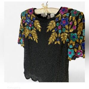 VTG Stenay 100% Silk Sequin Embroidered Top Med Mardi Gras Carnival Lined